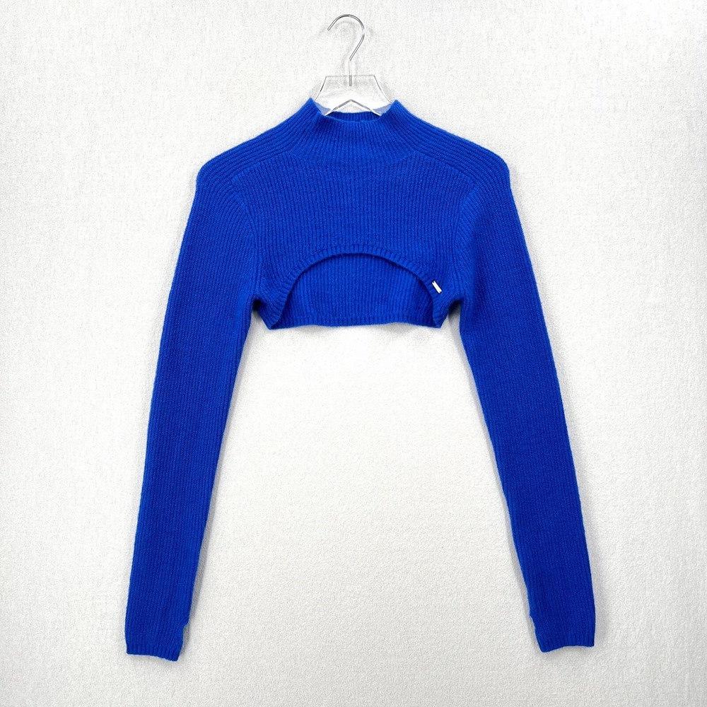 SAVAGE X FENTY Ms Minx Knit Shrug Crop Sweater Medium Blue Rib Knit Mock Neck